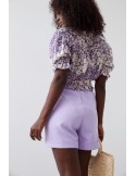 Short envelope blouse with flowers and a belt, purple and cream 02041 - Online store - Boutique